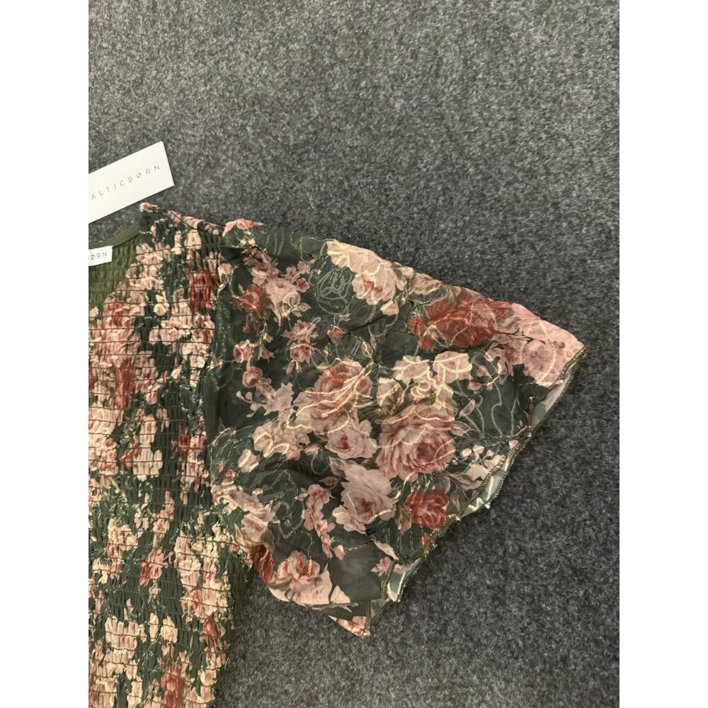 Baltic Born Floral Smocked Midi Dress Green Pink Short Sleeve Zip Closure M - Picture 8 of 8